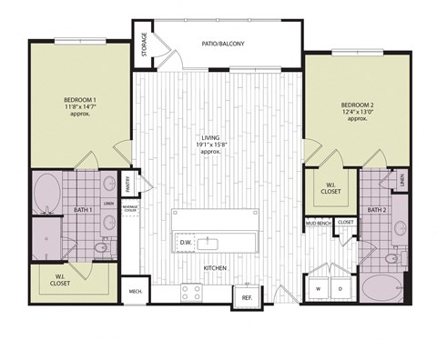 Floor plan for 2 beds, 2 baths, 1297 sqft